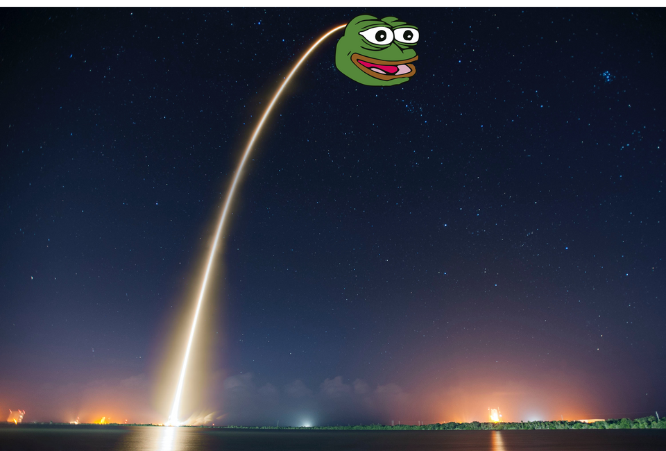 The Pepe meme face attached to a rocket trail.