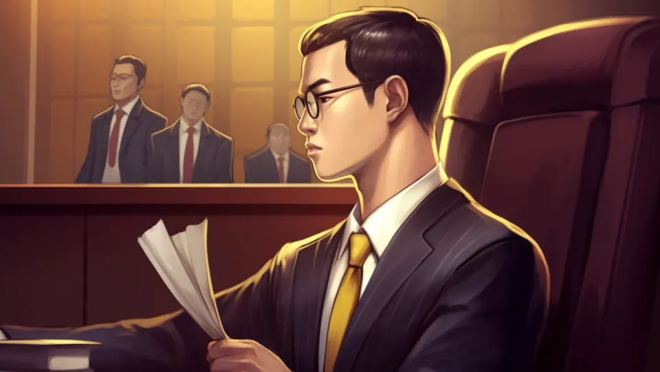Digital cartoon of Chanpeng Zhao "CZ". CEO of Binance, in a court chair.