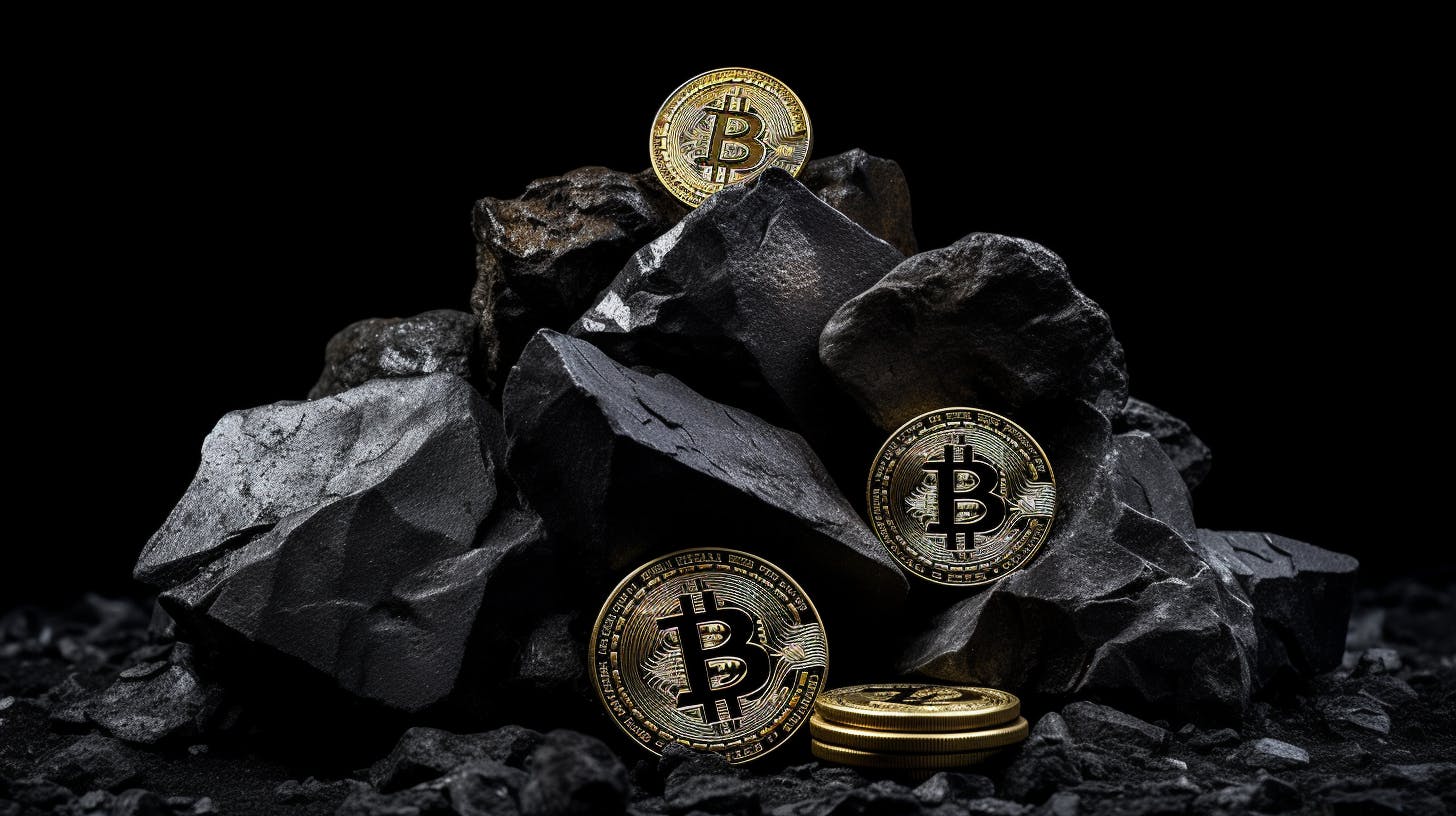 Black Rocks with Bitcoin tokens spread across it.
