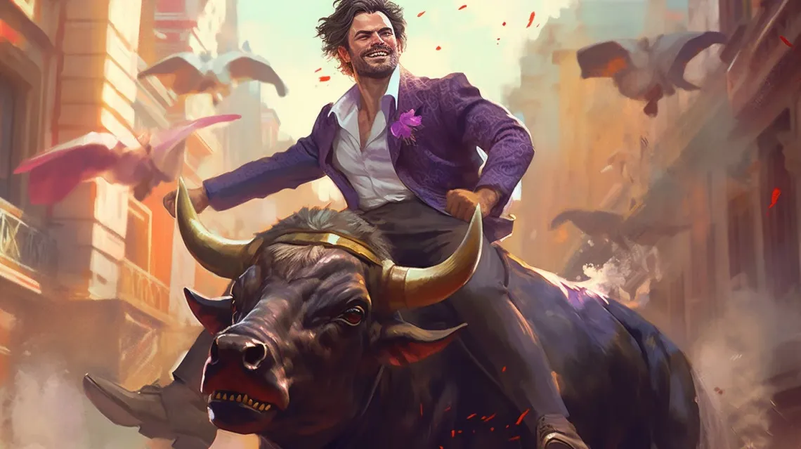 A smiling man in a purple jacket riding on a bull