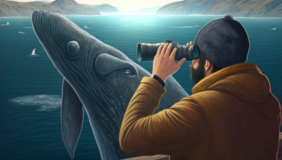 Digital art of a guy watching a whale with binoculars.