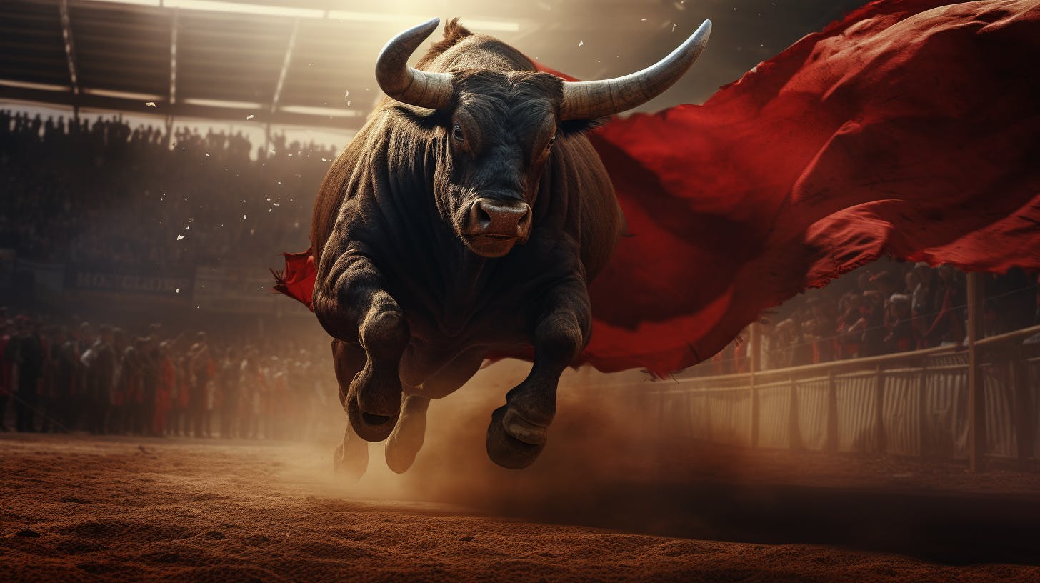 Digital art of a bull with red cape.