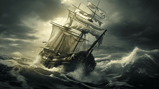 Ship navigating into a turbulent sea. The sun hides behind clouds, with only one hole pointed to the ship.