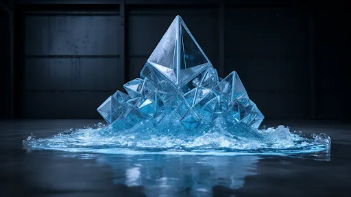 ETH symbol in form of glass, expanding across a mirrored ground.
